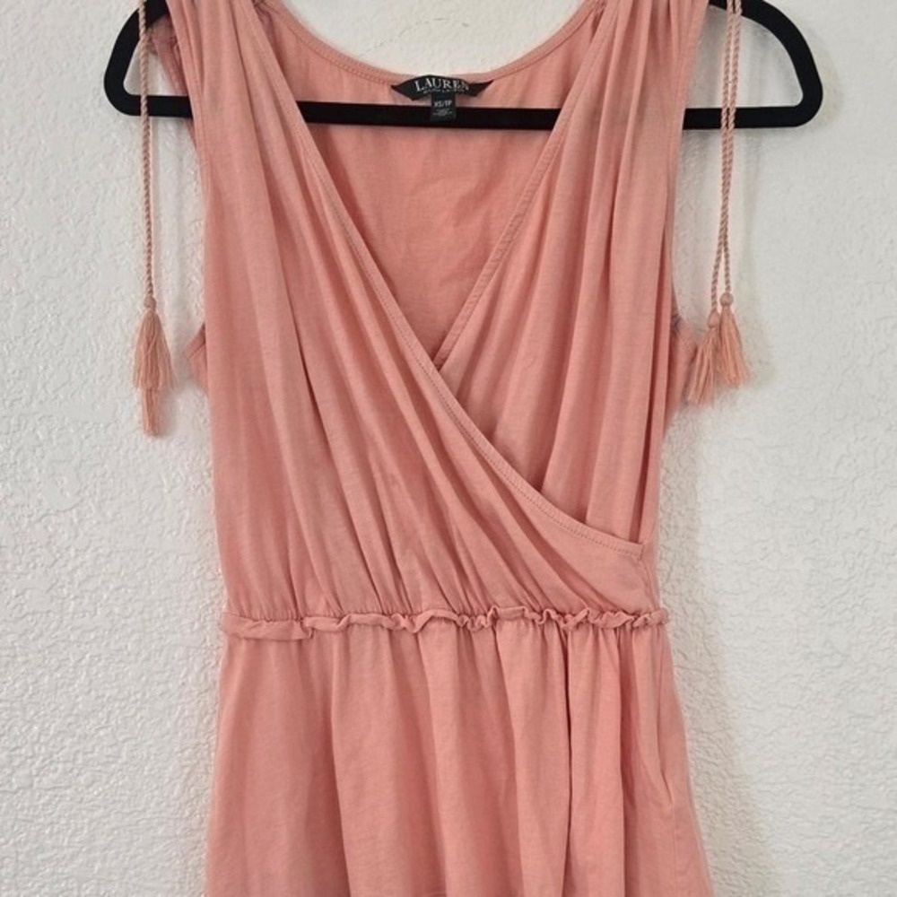 Lauren Ralph Lauren Peplum‎ Top Womens XS Peach Excellent Tassel Wrap V-Neck